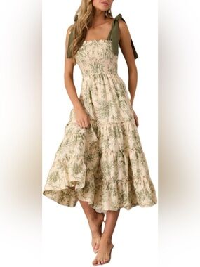 NWT En Saison Tie-Shoulder Smocked Midi Dress - Cream & Olive